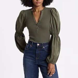 Express Olive Puff-Sleeve Henley Bodysuit